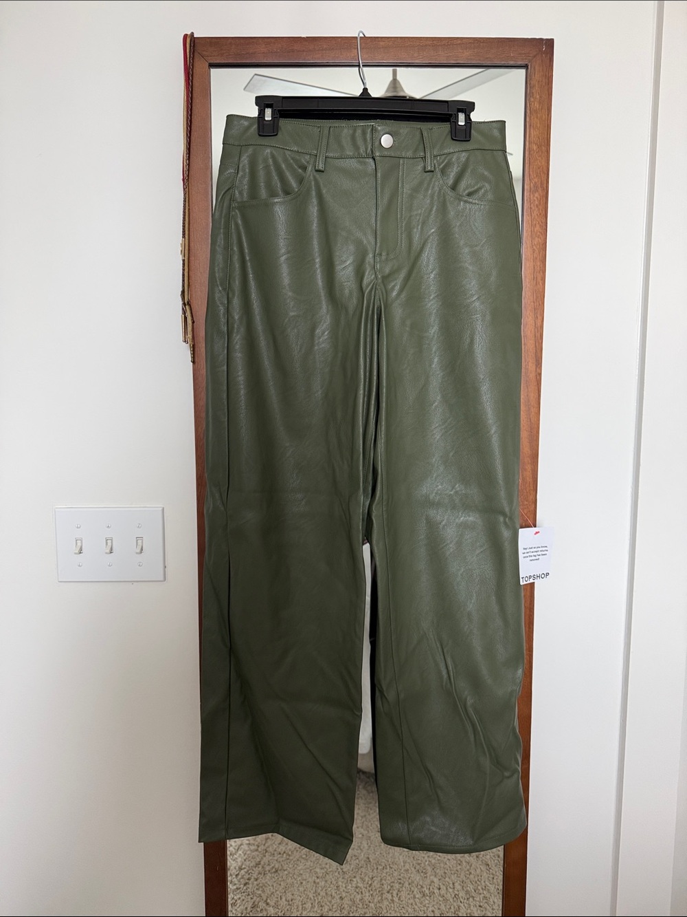 Topshop Olive Green Faux Leather Trousers with Snap Detail